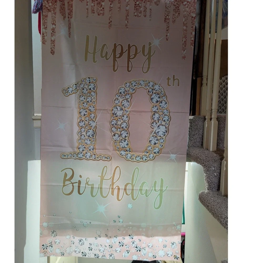 Happy 10th Birthday Party Decorations Set Pink Rose Gold Door Banner Tiara